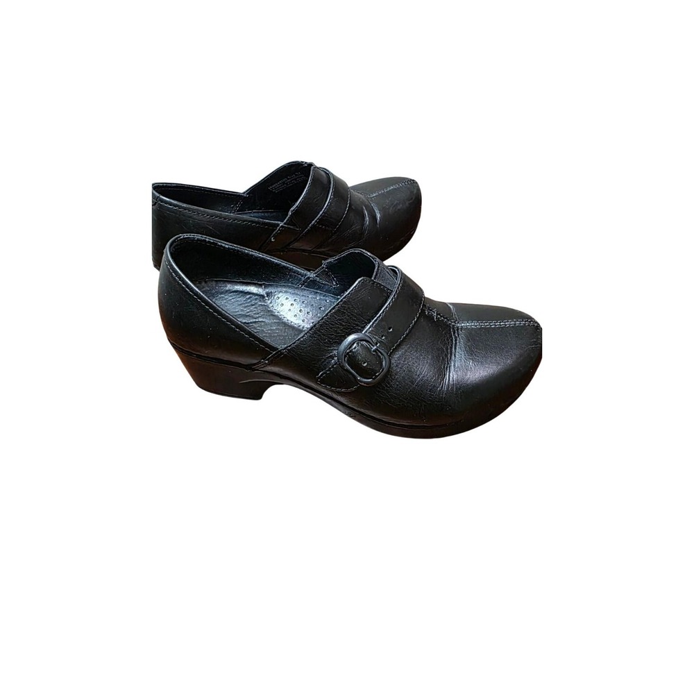 Dansko Tamara Women's Black Leather Clog Wedge Slip-On Buckle Detail Size 37